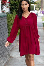 Load image into Gallery viewer, Wine Crepe V Neck Raglan Babydoll Dress