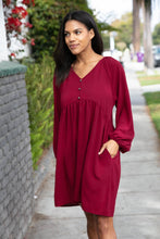 Load image into Gallery viewer, Wine Crepe V Neck Raglan Babydoll Dress