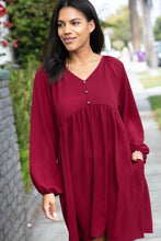 Load image into Gallery viewer, Wine Crepe V Neck Raglan Babydoll Dress