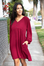 Load image into Gallery viewer, Wine Crepe V Neck Raglan Babydoll Dress