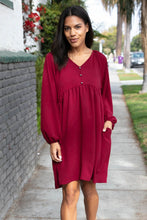 Load image into Gallery viewer, Wine Crepe V Neck Raglan Babydoll Dress