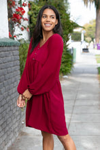 Load image into Gallery viewer, Wine Crepe V Neck Raglan Babydoll Dress