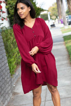 Load image into Gallery viewer, Wine Crepe V Neck Raglan Babydoll Dress