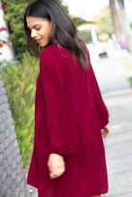 Load image into Gallery viewer, Wine Crepe V Neck Raglan Babydoll Dress