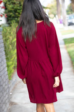 Load image into Gallery viewer, Wine Crepe V Neck Raglan Babydoll Dress