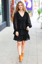 Load image into Gallery viewer, Holiday Vixen Black Chiffon Swiss Dot V Neck Tiered Ruffle Dress