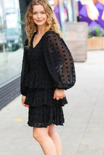 Load image into Gallery viewer, Holiday Vixen Black Chiffon Swiss Dot V Neck Tiered Ruffle Dress
