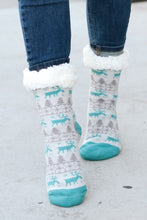 Load image into Gallery viewer, Teal Reindeer Sherpa Traction Bottom Slipper Socks