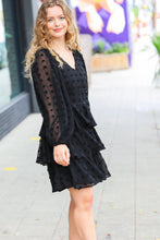Load image into Gallery viewer, Holiday Vixen Black Chiffon Swiss Dot V Neck Tiered Ruffle Dress