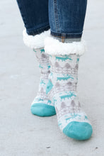 Load image into Gallery viewer, Teal Reindeer Sherpa Traction Bottom Slipper Socks