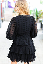 Load image into Gallery viewer, Holiday Vixen Black Chiffon Swiss Dot V Neck Tiered Ruffle Dress