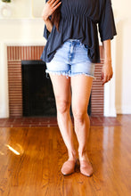 Load image into Gallery viewer, Medium Blue Raw Frayed Hem Mid Rise Shorts