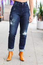 Load image into Gallery viewer, Judy Blue Dark Blue Mid Rise Stitch Detail Boyfriend Fit Cuffed Jeans