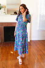 Load image into Gallery viewer, Eyes On You Navy Neon Floral Smocked Waist Maxi Dress