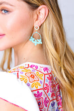 Load image into Gallery viewer, Teal Metal Flower Rhinestone Hoop Earrings