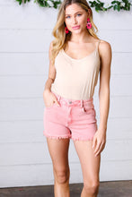 Load image into Gallery viewer, Ash Pink Denim Button Enclosure Frayed Hem Shorts
