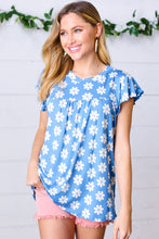 Load image into Gallery viewer, Azure Floral Print Ruffle Short Sleeve Yoke Top
