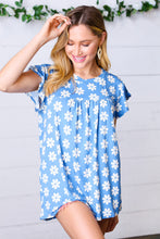 Load image into Gallery viewer, Azure Floral Print Ruffle Short Sleeve Yoke Top