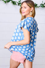 Load image into Gallery viewer, Azure Floral Print Ruffle Short Sleeve Yoke Top