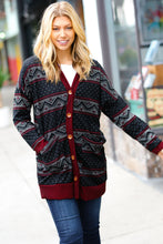 Load image into Gallery viewer, All Class Burgundy Holiday Print Button Cardigan