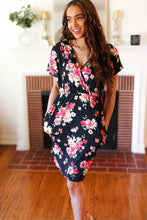Load image into Gallery viewer, Black & Pink Floral Surplice V Neck Pocketed Dress