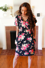 Load image into Gallery viewer, Black & Pink Floral Surplice V Neck Pocketed Dress