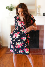 Load image into Gallery viewer, Black & Pink Floral Surplice V Neck Pocketed Dress