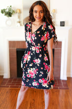 Load image into Gallery viewer, Black & Pink Floral Surplice V Neck Pocketed Dress