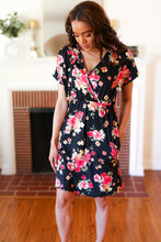 Load image into Gallery viewer, Black & Pink Floral Surplice V Neck Pocketed Dress
