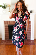 Load image into Gallery viewer, Black & Pink Floral Surplice V Neck Pocketed Dress