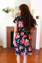 Load image into Gallery viewer, Black & Pink Floral Surplice V Neck Pocketed Dress