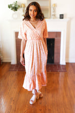 Load image into Gallery viewer, Peach Floral Surplice Elastic Waist Ruffle Maxi Dress