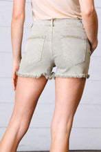 Load image into Gallery viewer, Olive Denim Button Enclosure Fray Hem Shorts