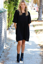 Load image into Gallery viewer, Black Three Quarter Puff Sleeve Babydoll Dress