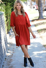 Load image into Gallery viewer, Rust Three Quarter Puff Sleeve Babydoll Dress