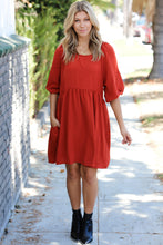 Load image into Gallery viewer, Rust Three Quarter Puff Sleeve Babydoll Dress