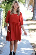 Load image into Gallery viewer, Rust Three Quarter Puff Sleeve Babydoll Dress