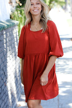 Load image into Gallery viewer, Rust Three Quarter Puff Sleeve Babydoll Dress