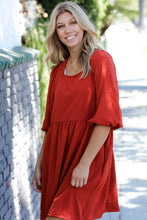 Load image into Gallery viewer, Rust Three Quarter Puff Sleeve Babydoll Dress