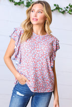 Load image into Gallery viewer, Coral & Denim Floral Tiered Flutter Sleeve Woven Top