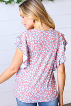 Load image into Gallery viewer, Coral & Denim Floral Tiered Flutter Sleeve Woven Top