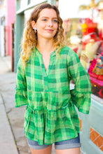 Load image into Gallery viewer, Back To Basics Kelly Green Plaid Notched Neck Babydoll Top