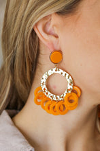 Load image into Gallery viewer, Tangerine Gold Disc Hoop Dangle Earrings