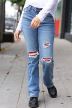 Load image into Gallery viewer, Holiday Medium Blue Slim Boot Fit High-Rise Plaid Stitched Jeans