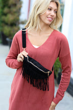 Load image into Gallery viewer, Black Faux Suede Fringe Convertible Fanny/Sling Bag