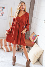 Load image into Gallery viewer, Rust V Neck Raglan Button Detail Bubble Crepe Dress