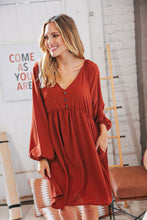 Load image into Gallery viewer, Rust V Neck Raglan Button Detail Bubble Crepe Dress