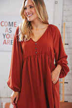 Load image into Gallery viewer, Rust V Neck Raglan Button Detail Bubble Crepe Dress