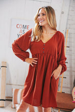 Load image into Gallery viewer, Rust V Neck Raglan Button Detail Bubble Crepe Dress