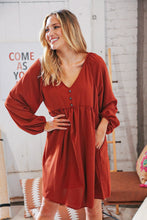 Load image into Gallery viewer, Rust V Neck Raglan Button Detail Bubble Crepe Dress